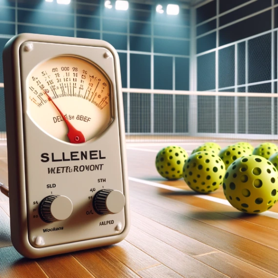 Decibel meter measuring the sound levels of silent pickleballs versus regular pickleballs