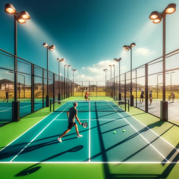 Pickleball court with players under clear skies