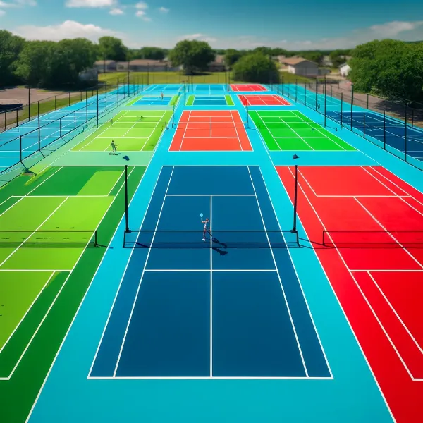 Pickleball courts in green, blue, and red with clear lines.